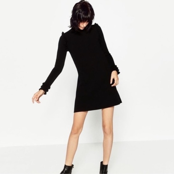 Zara Knit Black Sweater Dress Ruffle Turtleneck High Neck Cozy Medium - Picture 1 of 17